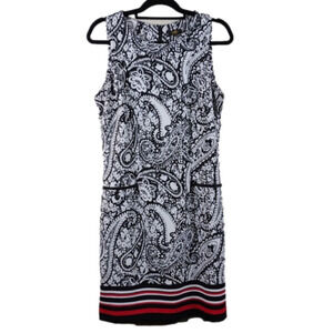 𝅺I LE New York Black White Paisley Scoop Neck Sleeveless Zip Midi Sheath Dress